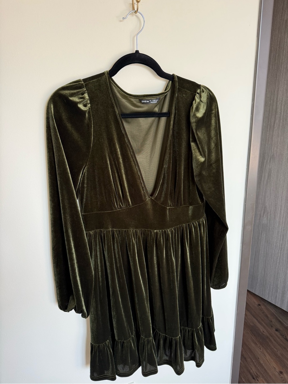 Olive Green Velvet V-Neck Dress